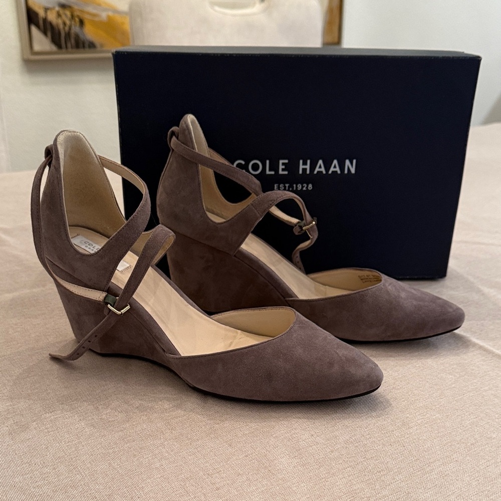 Cole Haan Taupe Suede Ankle-Strap Wedge Pumps